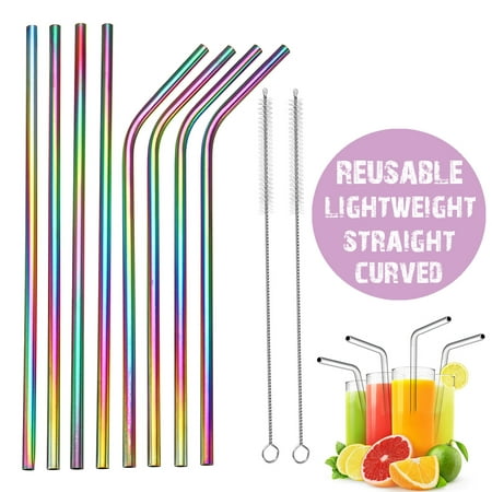 4 Straight Straws/4 Curved Straws Reusable Rainbow Stainless Steel Metal Drinking Straw w/Cleaning Brush - Eco Friendly, SAFE, NON-TOXIC Non-plastic For Smoothie Drink