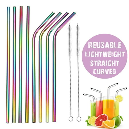 8Pcs Stainless Steel Drink Straws + Cleaning Brush Kit Set Straight / Bent Drinking Metal Straw Washable Reusable NON-TOXIC Rainbow Color For Tumblers Coffee Juice Cold (Best Struts For The Money)