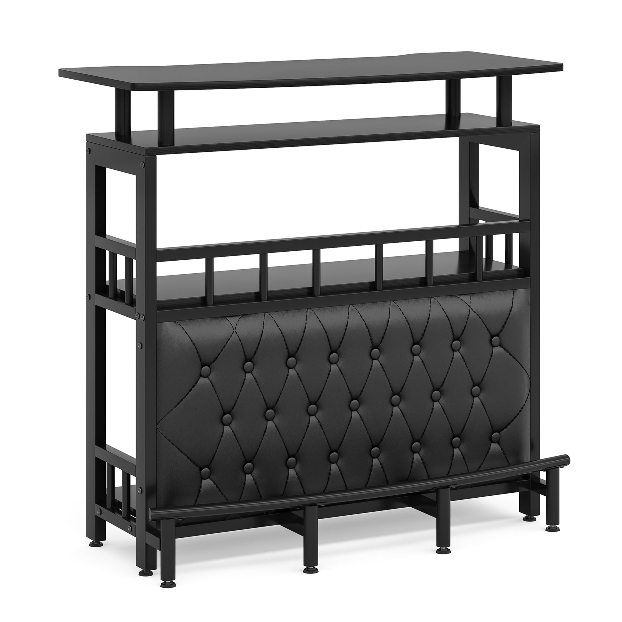 MAYEERTY Curved Counter Home Bar Table, Liquor Storage Bar Unit with Black Rail Guard Adjustable Feet for Indoor Entertainment