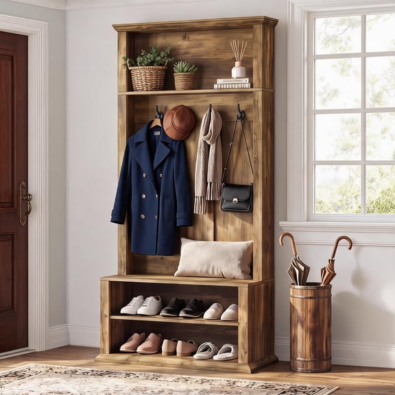 Fnova 71.2" Tall Hall Tree with 4 Hooks & Shoe Bench, 4-In-1 Farmhouse Coat Rack with 2-Tier Shoe Storage & Storage Cubbies, Brown