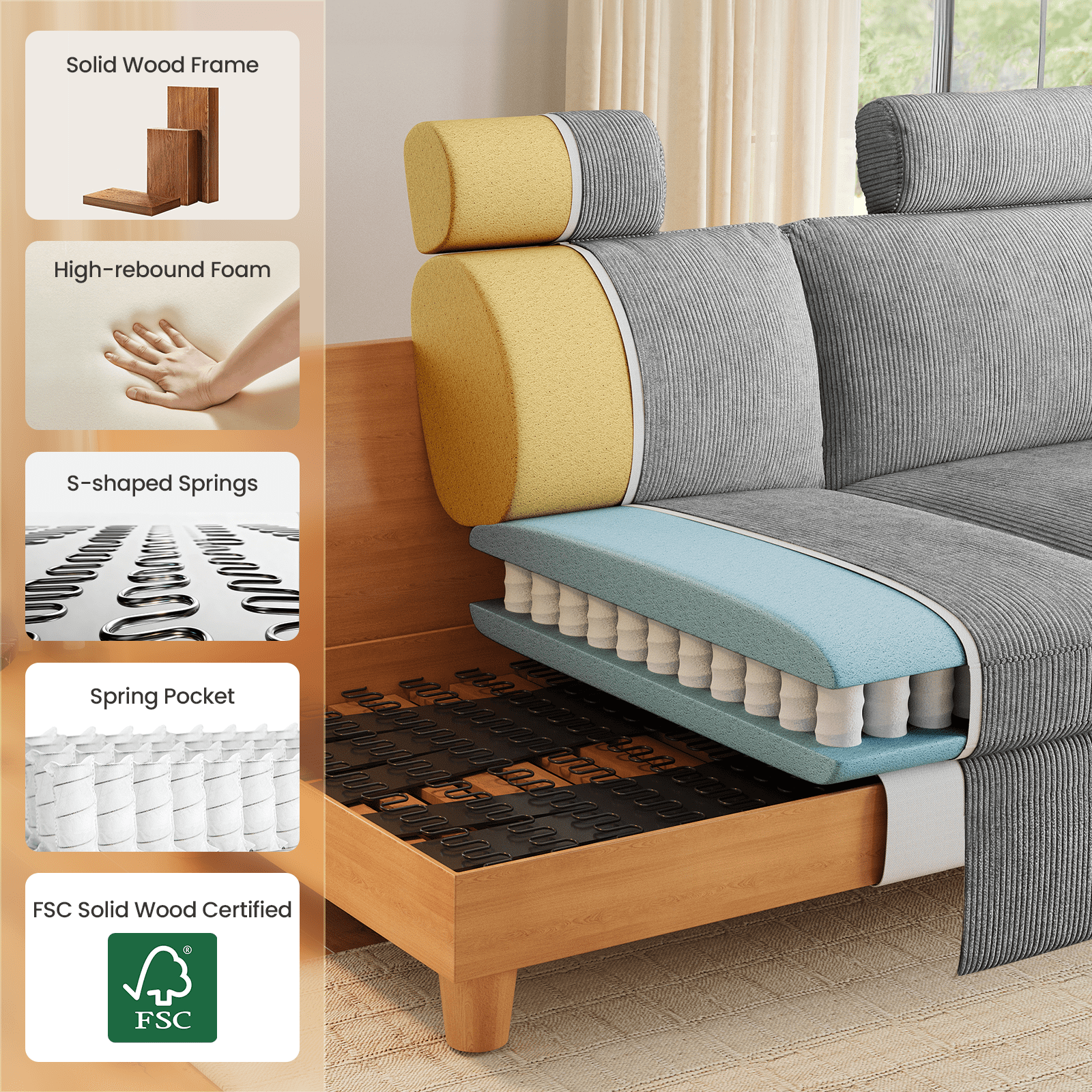 Sofa, Comfy Couch Sofa with Deep Seat and Thick Cushion, Upholstered Linen Fabric Couch for Living Room Bedroom Office with 2 Pillows, Gray