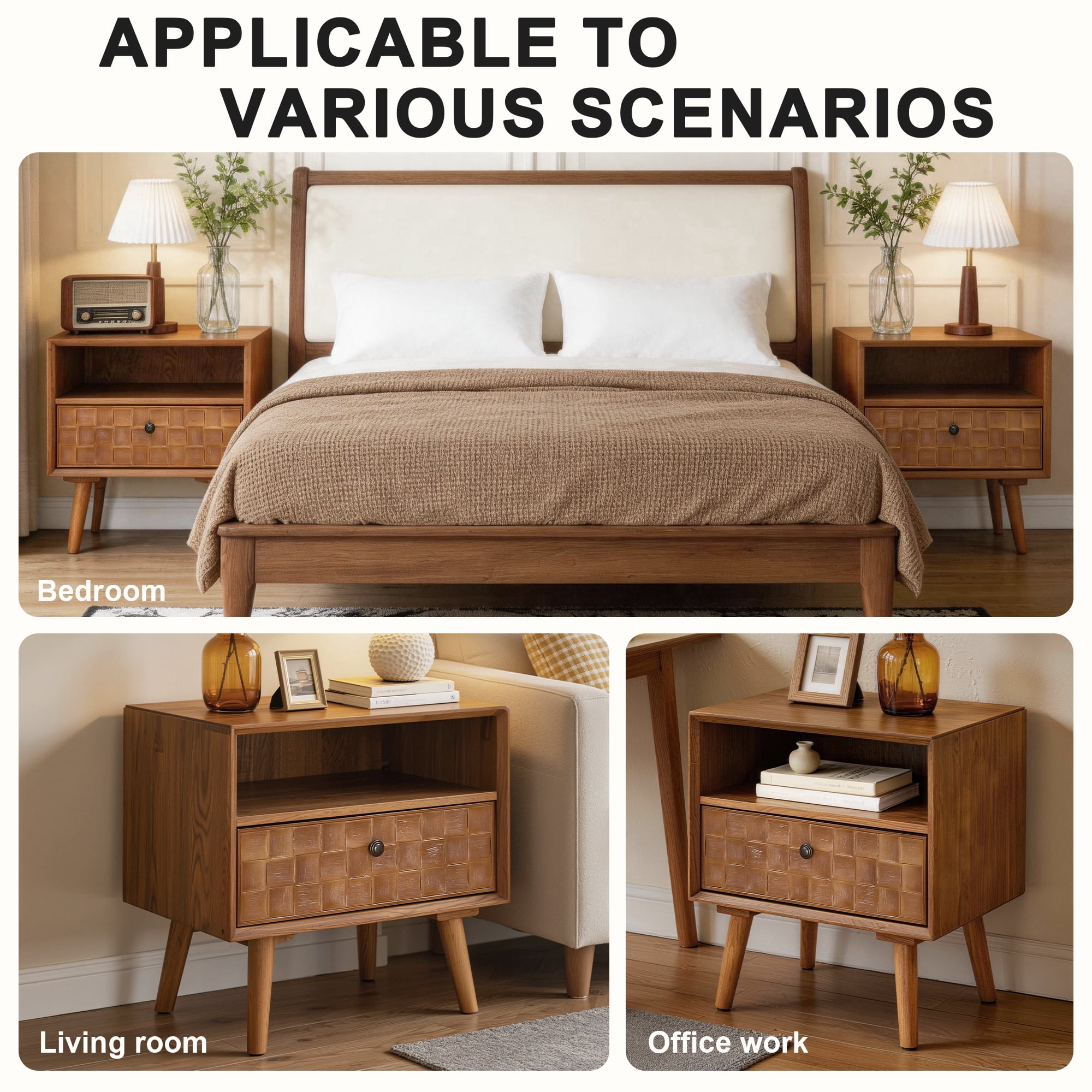 22" Wood Nightstand with Carved Geometric Drawer Front, 1 Drawer and Open Shelf, Solid Wood Legs, Bedside Table for Bedroom