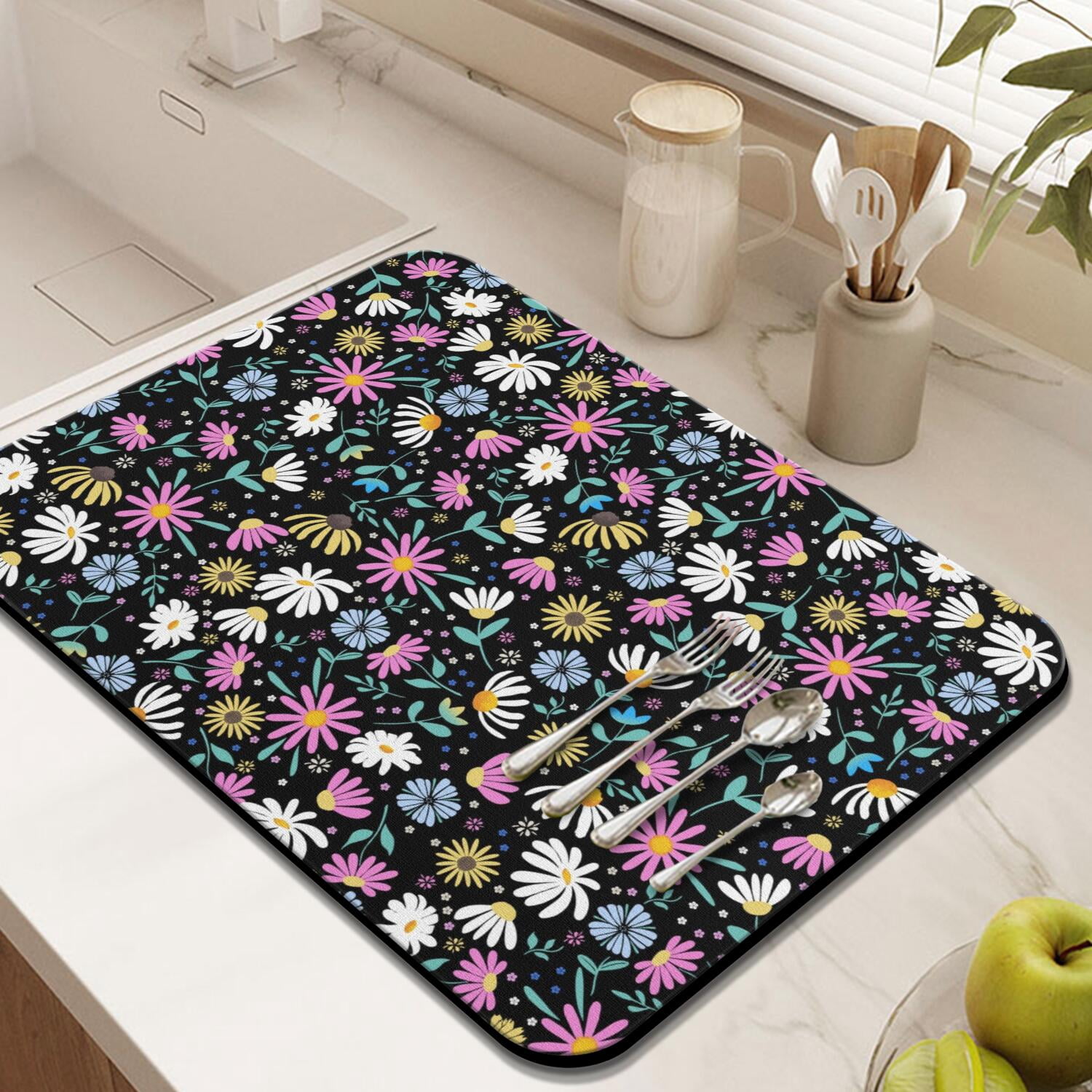 2 Pack Washable Rubber Daisy Cute Floral Dish Drying Mats for Kitchen Counter Home Large Coffee Bar Pad Accessories and Decor for Utensils Stemware (2pcs 18''x24''+19.5''x12'')