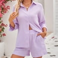 thumbnail image 2 of Virmaxy Womens Stylish Outfit 2 Piece Set Fashion Solid Color Shorts Set Casual Long Sleeve Fold Over Collar Button Down Shirt Top Purple S, 2 of 8
