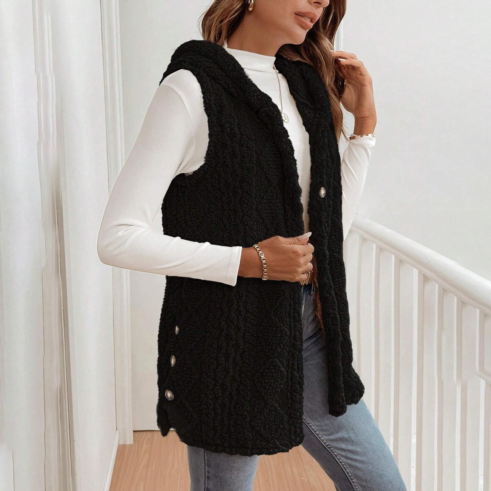 Gilet Polaire Double Face à Capuche Femme - Cardigan Boutonné Long Avec Poches - Taille S à 2XL