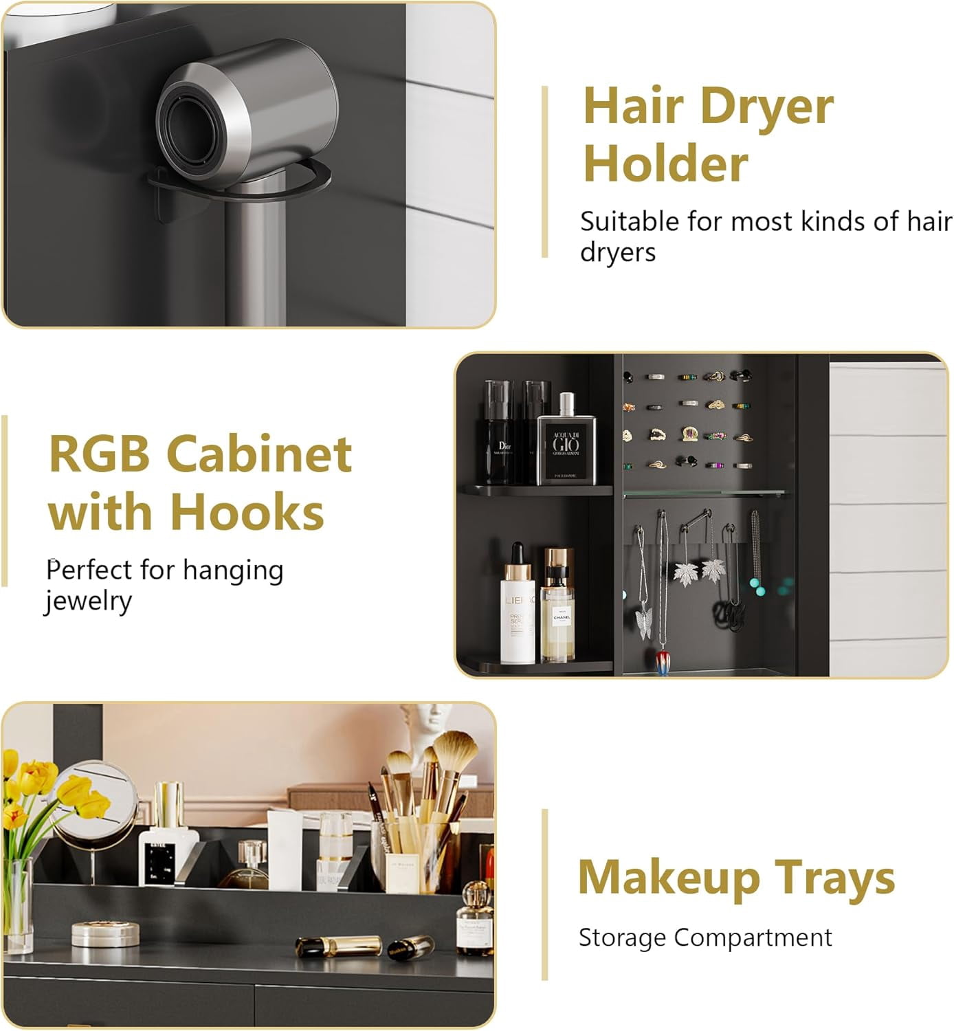 FANRAL Vanity Desk with RGB Ambient Light,LED Mirror & Charging Station,Small Dressing Table with Glass Cabinet & Ample Storage for Bedroom Grooming,Black Vanity