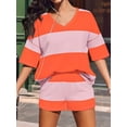 thumbnail image 6 of Women'S Two Piece Sets Summer Lounge Sets Striped Shirts and Shorts Set Oversized Matching Outfit Pink & Orange M, 6 of 9