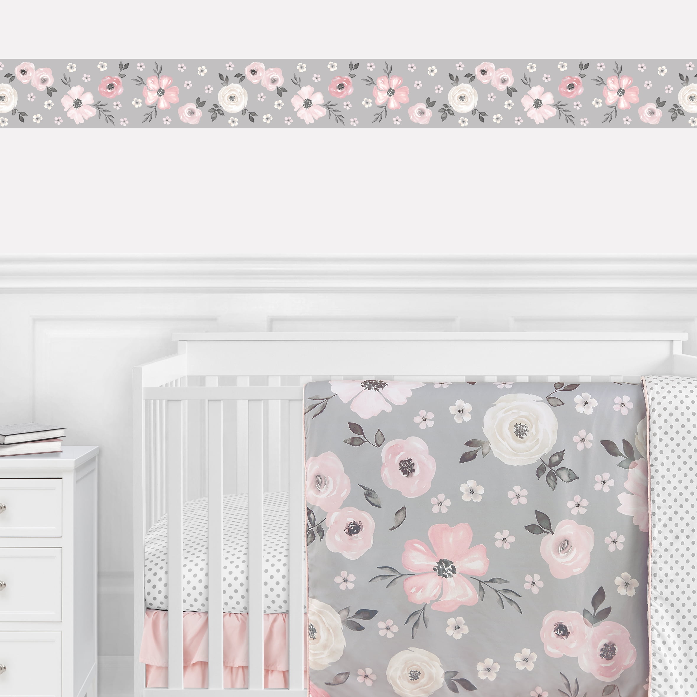 Watercolor Floral Grey 15' L x 6' W Wallpaper Border by Sweet Jojo Designs