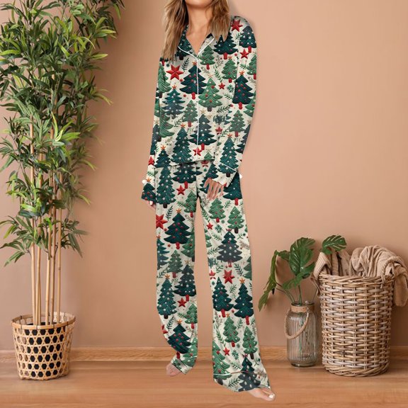 UrbanFashion matching christmas pajamas,Women's Christmas Pajama Set, Santa Snowflake Long Sleeve Sleepwear Blackish Green