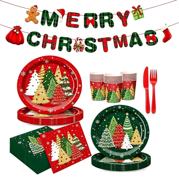 145Pcs Merry Christmas Party Supplies - Serves 24, Red Green Holiday Disposable Tableware, Includes Paper Plates, Napkins, and Plastic Forks for Xmas Dinner, Winter Celebrations, Seasonal Decorations