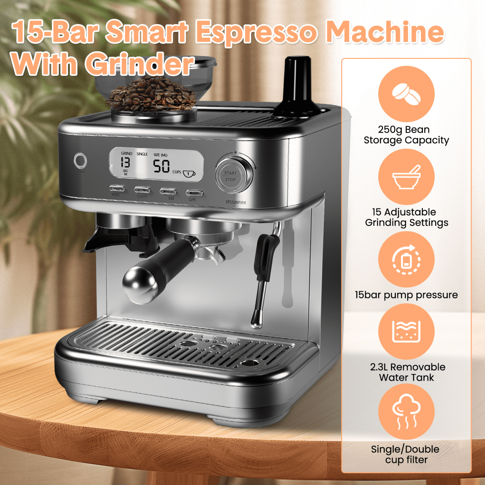 15 Bar Espresso Machine with Built-in Grinder & Milk Frother – PID Temperature Control
