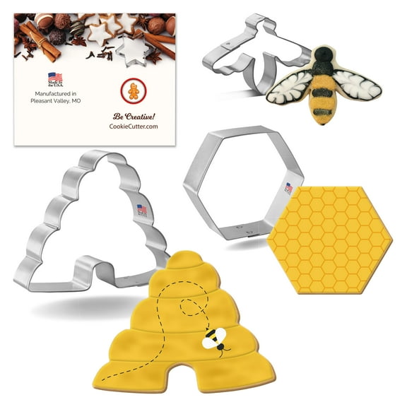 Foose Cookie Cutters 3-Piece Summer Bee Hive Cookie Cutter Set Metal Shapes Made in USA, Silver
