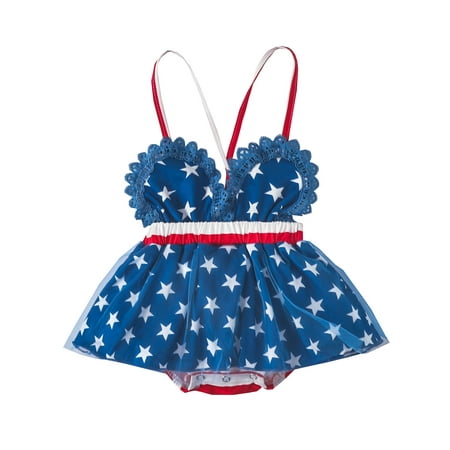 

TFFR Girls Independence Day Romper Dress Star and Stripe Sleeveless Open Back One-piece Red/ Blue