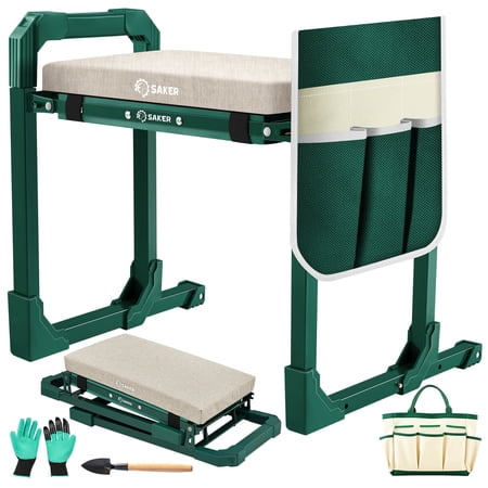 Saker Foldable Garden Kneeler & Seat Heavy Duty Gardening Stool with Extendable Legs Cushion & Tool Bag