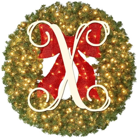

Wreath Pre Lit Initial Outdoor Christmas Wreaths Artificial Christmas Garland with Lights Personalized Christmas Wreaths for Front Door with Red Bows for Indoor Outdoor Xmas Holiday Par