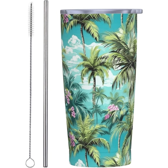 Green Palm Tree Tumbler 20 oz Botanical Floral Mug With Lid and Straw Tropical Plant Coffee Cup Summer Pink Floral Travel Tumblers for Gym Hiking Water Bottle Birthday Presents for Women Men