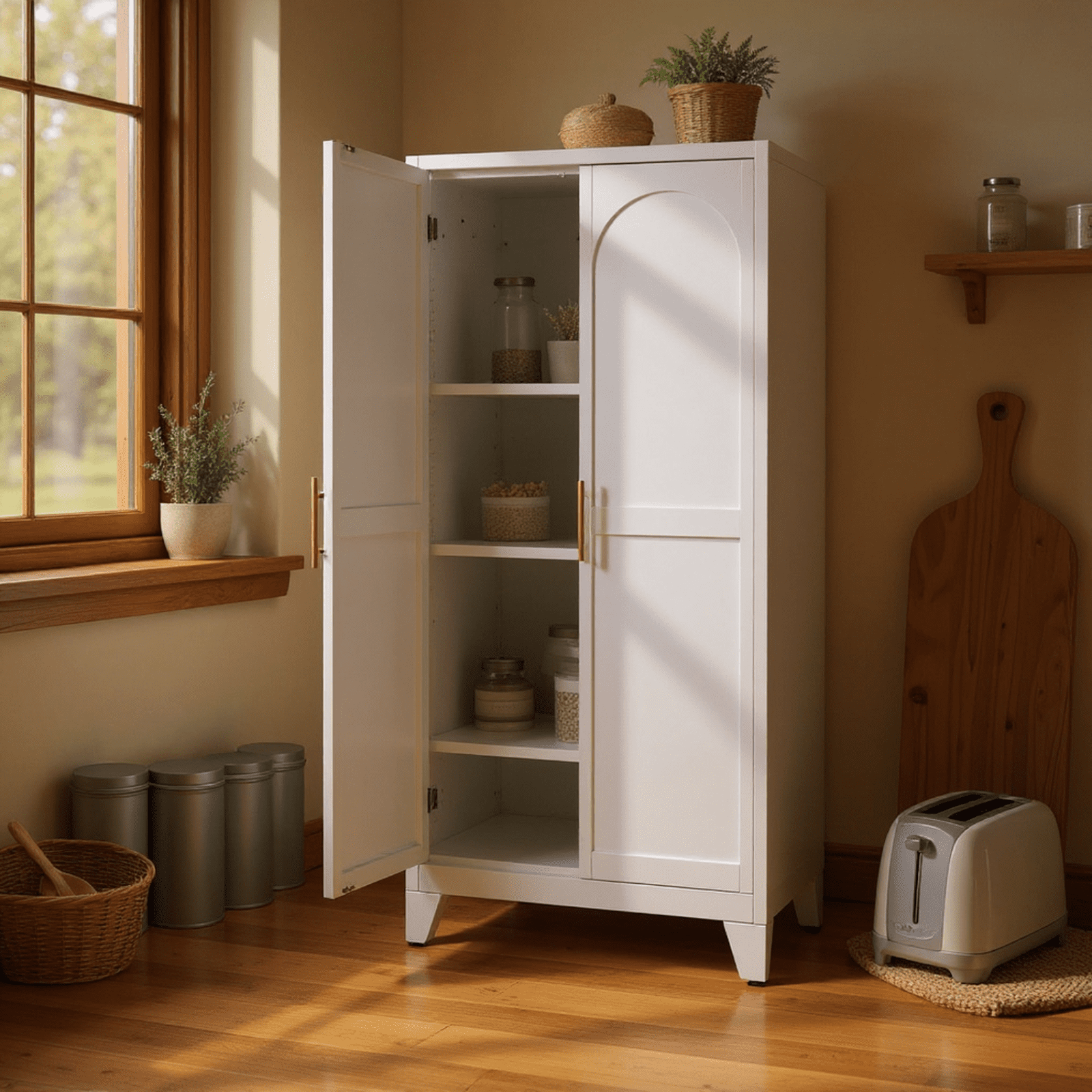 Homy Casa Slim Pantry Cabinet with Adjustable Shelves, 2-Door Kitchen Storage, White
