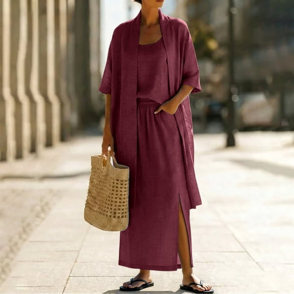 TaTaai Women's 3-Piece Linen Blend Set with Cardigan, Camisole Top, and Midi Skirt for Casual Layered Look Gift