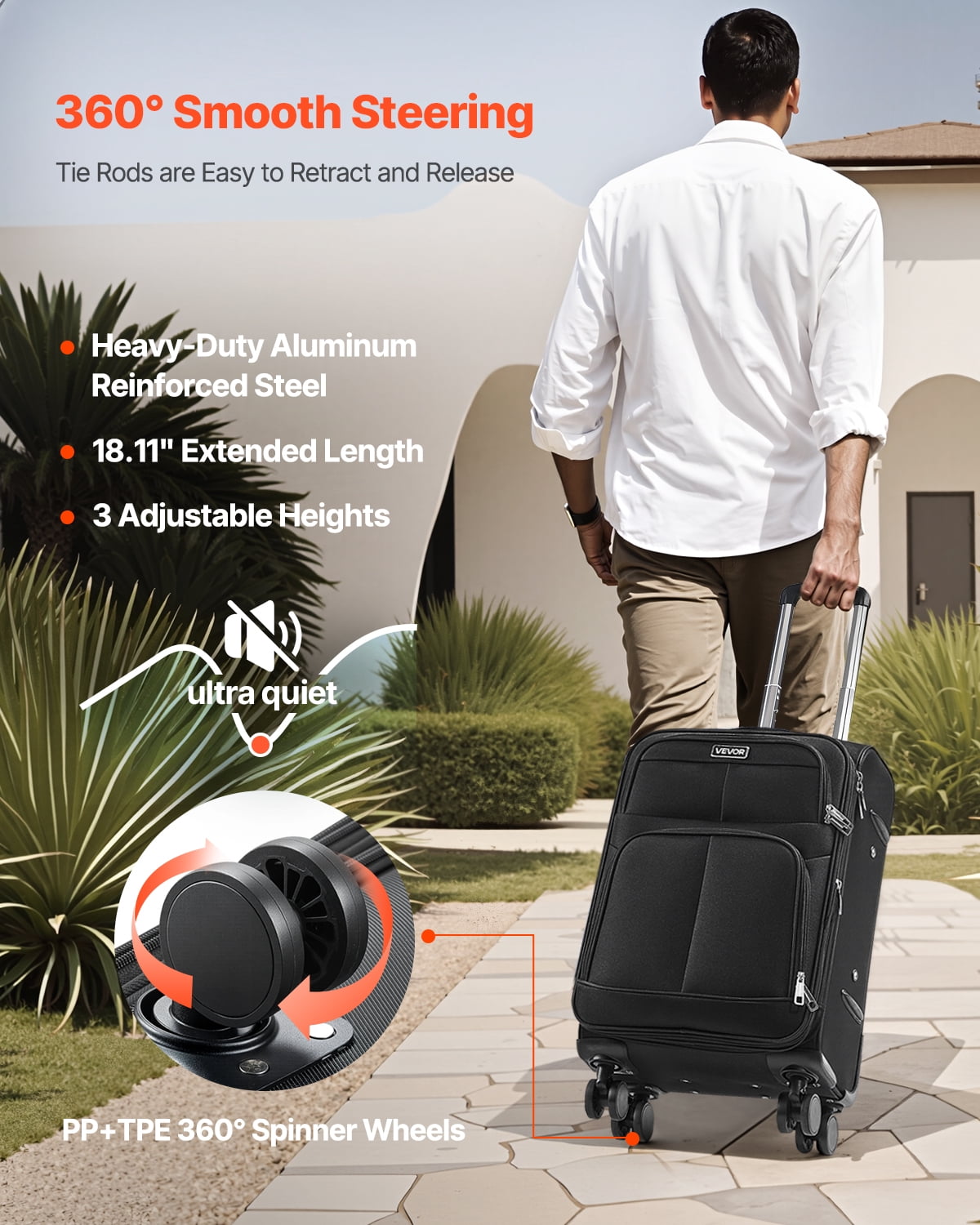 VEVOR Softside Expandable Luggage with Spinner Wheels, 20-Inch Softside Carry on Luggage, Lightweight Checked Suitcase with Expandable Zippered Pocket and TSA Lock, Black