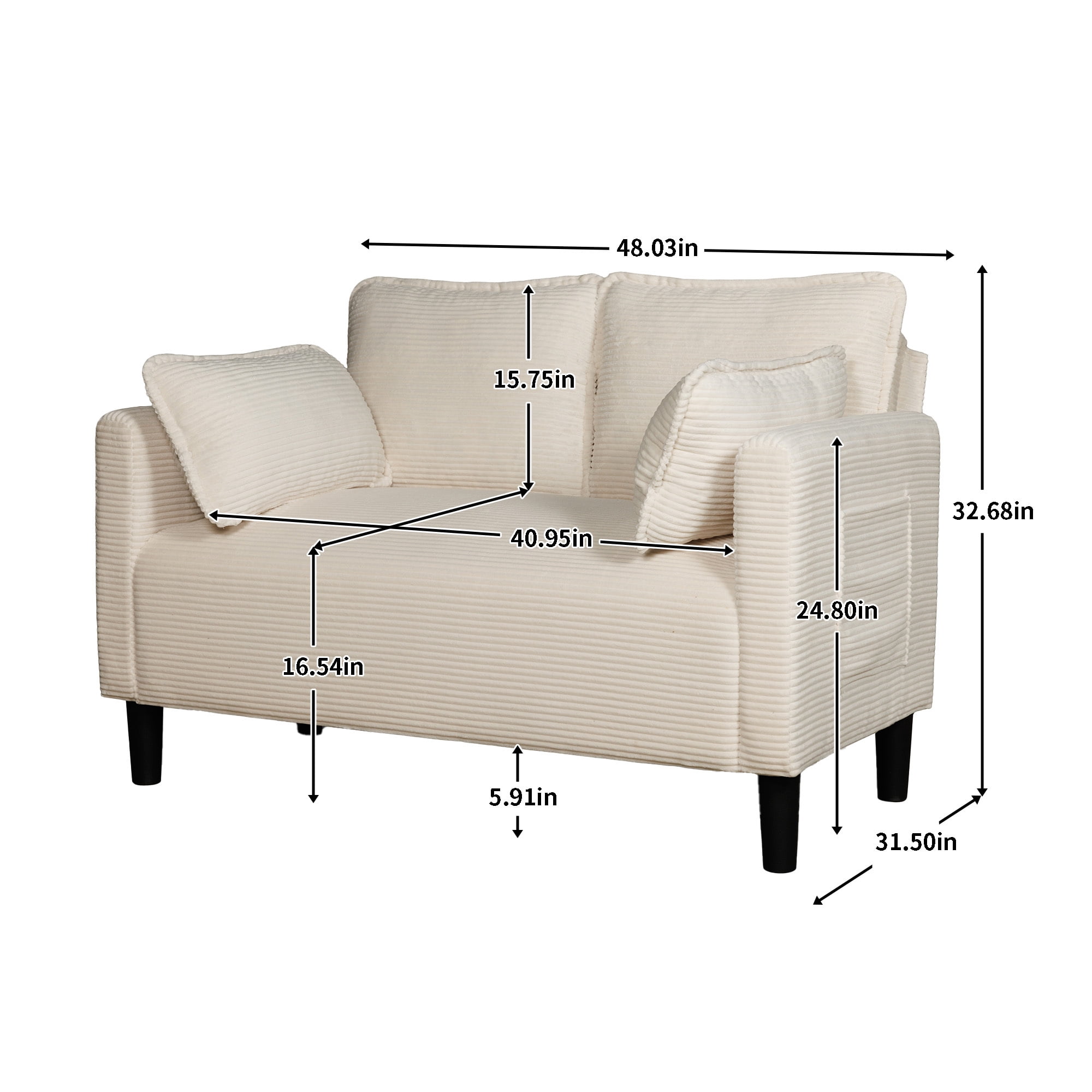 Jopath Sofa 48" Soft Corduroy Loveseat Couch W/Soft Cushions,Side Storage Pocket,Sturdy Composite Board & Solid Wood Frame, High Rebound Sponge,Ideal For Living Room,Apartment,Dorm White