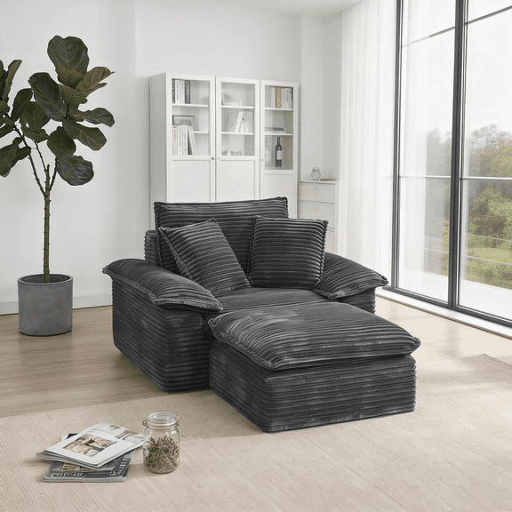 48'' Chaise Lounge Chair Indoor, Oversized Corduroy Upholstered Boneless Sofa Couch, Cloud-Like Sofa Bed with Ottoman for Living Room/Bedroom/Lounge (Dark Gray)