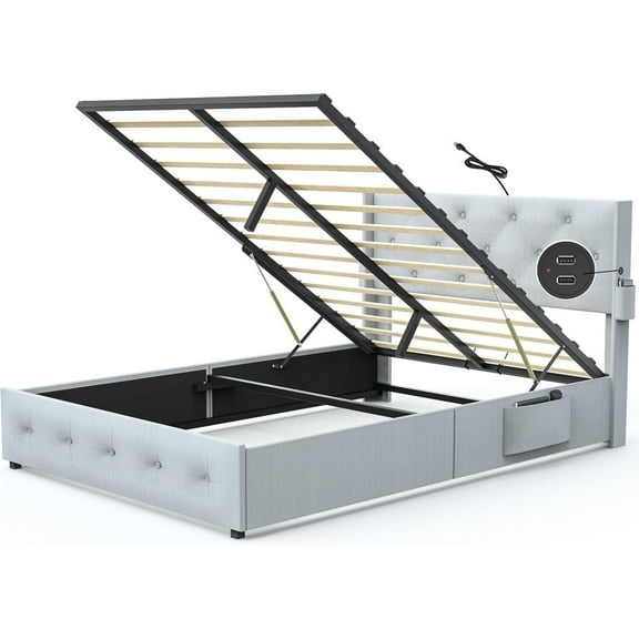 Contemporary Style Full Size Bed Frame with Gas Lift Storage Bed with Modern Wingback Headboard, USB Ports, Light Grey