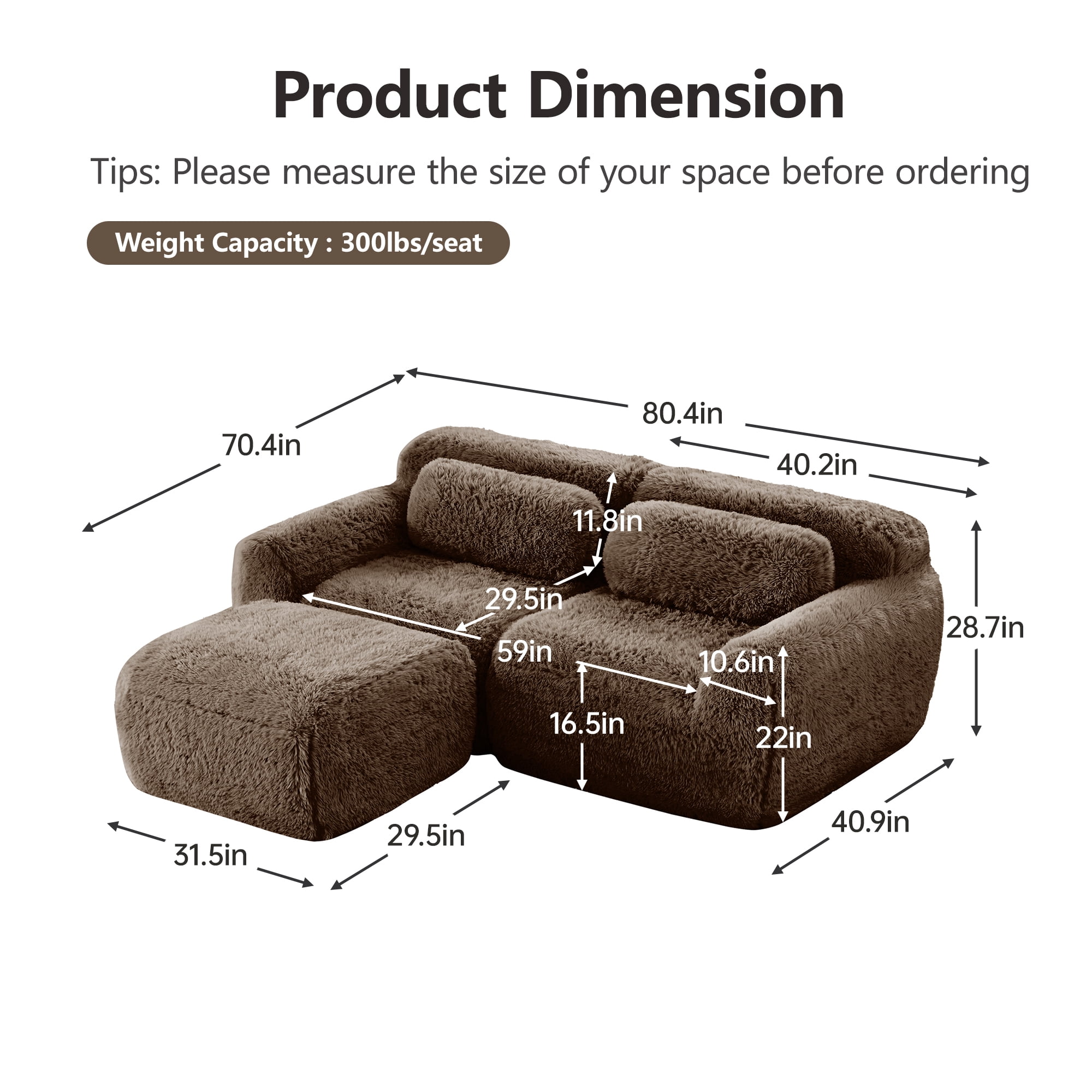 Wakefit 80" Loveseat Sofa, 2-Seater Modular Sectional Sofa Couch with Pillows, Soft Fluffy Plush Fabric Cloud Sofa, 32D High Density Foam Deep Seat with 1 Ottoman, No Assembly, Chocolate