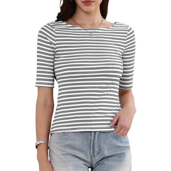 DARING DIVA Women's Striped Boat Neck Half Sleeve Tops Slim Fit rendy Outfits XS White