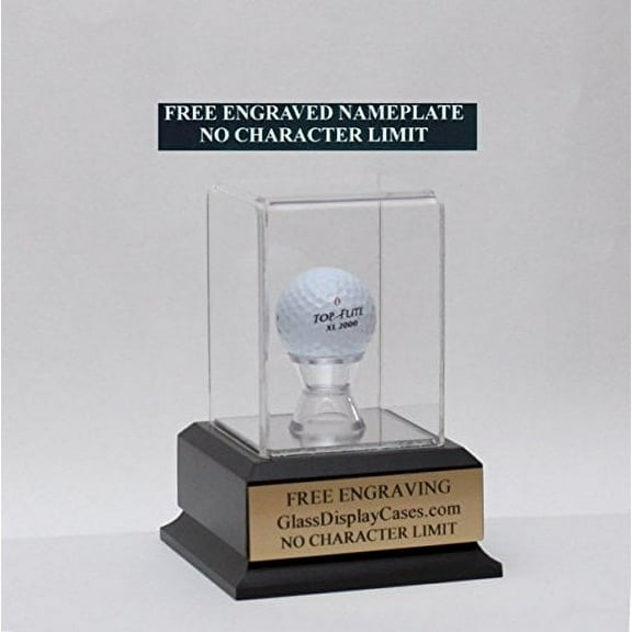 Golf Ball Personalized Acrylic Display Case with Black Finish Wood Platform Base & Free Engraving