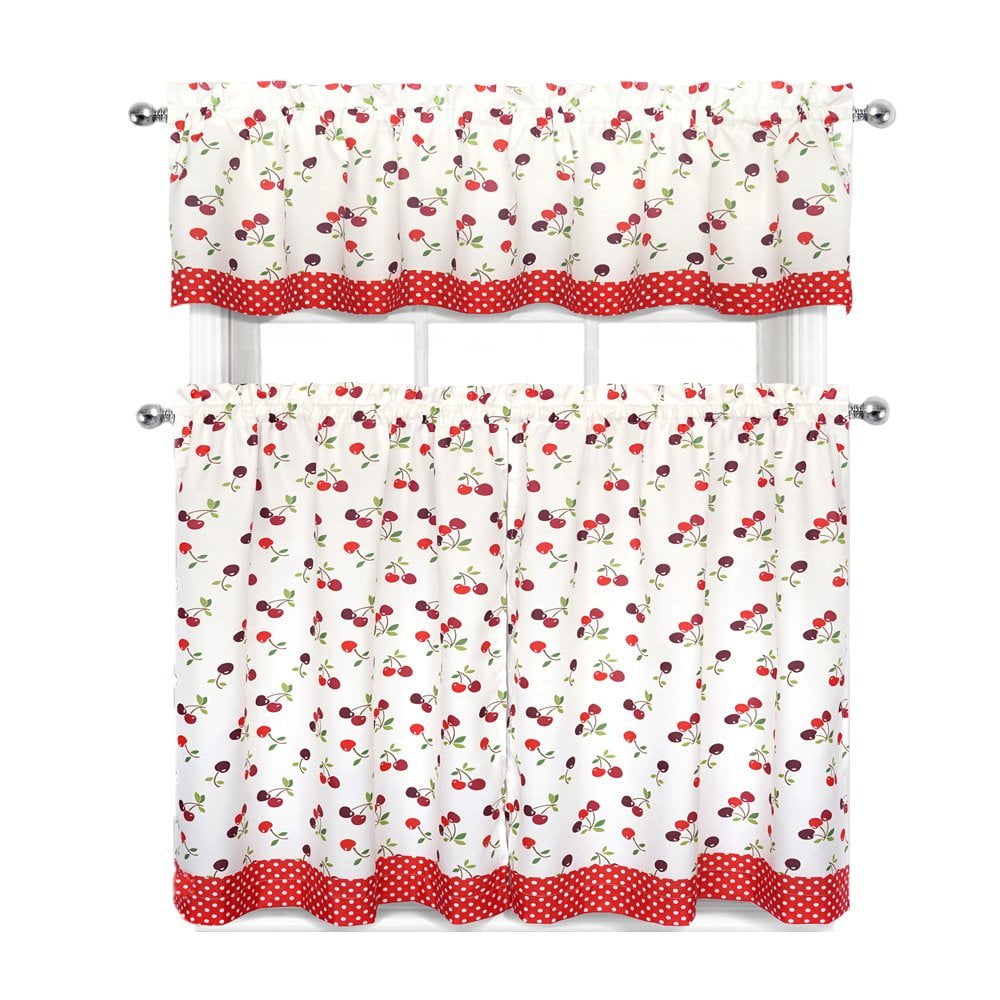 Cherries & Polka Dots Complete 3 Pc. Kitchen Curtain Tier & Valance Set