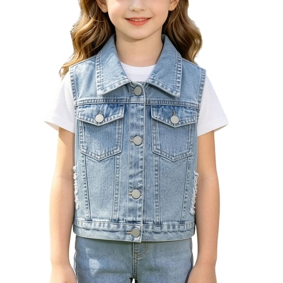 ZToonmas 18M-10Y Girls' Bow Embellished Denim Vest Sleeveless Button-up Waistcoat with Sheer Bow and Pockets for Daily and School Wear