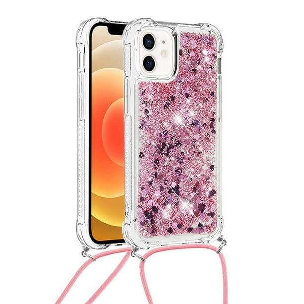 Funda FOXDOCK para iPhone 12 con Cuerda Ajustable, Brillo Líquido, Protección Antigolpes y Lente – Ideal para Regalo