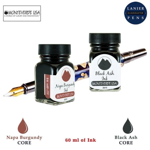 Monteverde 60ml Core Fountain Pen Ink Bottle (30ml Napa Burgundy Ink Bottle G309NB, 30ml Black Ash Ink Bottle G309BA)