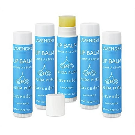ALIDA PURE Vegan Lavender Lip Balm, Cruelty Free, Beeswax Free, Coconut Oil Free, Set of 5 Lip Balms, Avocado Oil, Organic Jojoba Oil, Candelilla Wax, and Vitamin E, Natural Lip Balm for Chapped, Lips