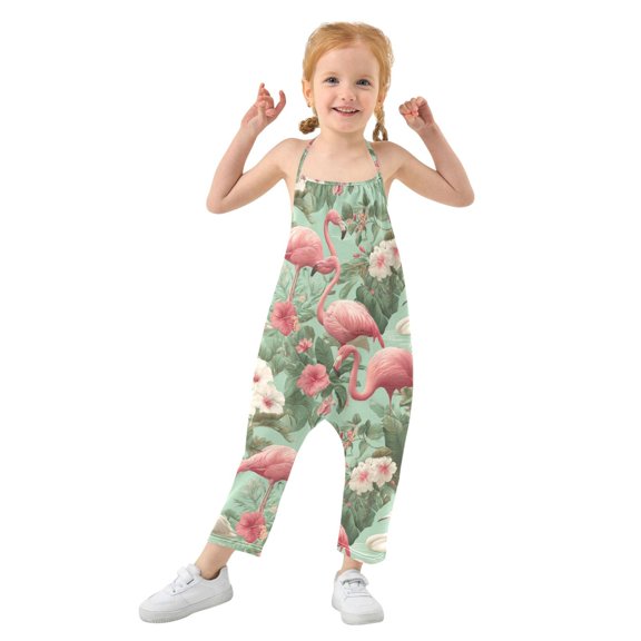 Girls' Jumpsuits Rompers Summer Casual Sleeveless Rompers With Pockets Spaghetti Strap Romper Flamingo Tropical Leaves Pattern 1T
