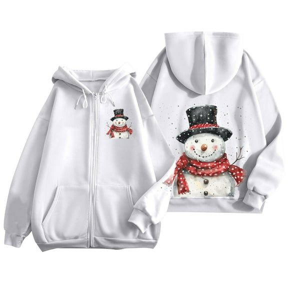 Fiaer Christmas Hoodie for Women Oversized Full Zip up Snowman Graphic Xmas Hooded Jackets Drawstring Sweatshirts Long Sleeve Relax Fit Pocket Tops White XL