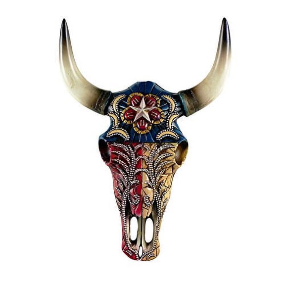 Urbalabs Longhorn Cow Skull and Horns Wall Sculpture Animal Western Wall Mount Cow Decor 8 In Wide Bull Statue Home Red White Blue Painted With Silver Pearls Accent (Texas Silver Pearl and Star)
