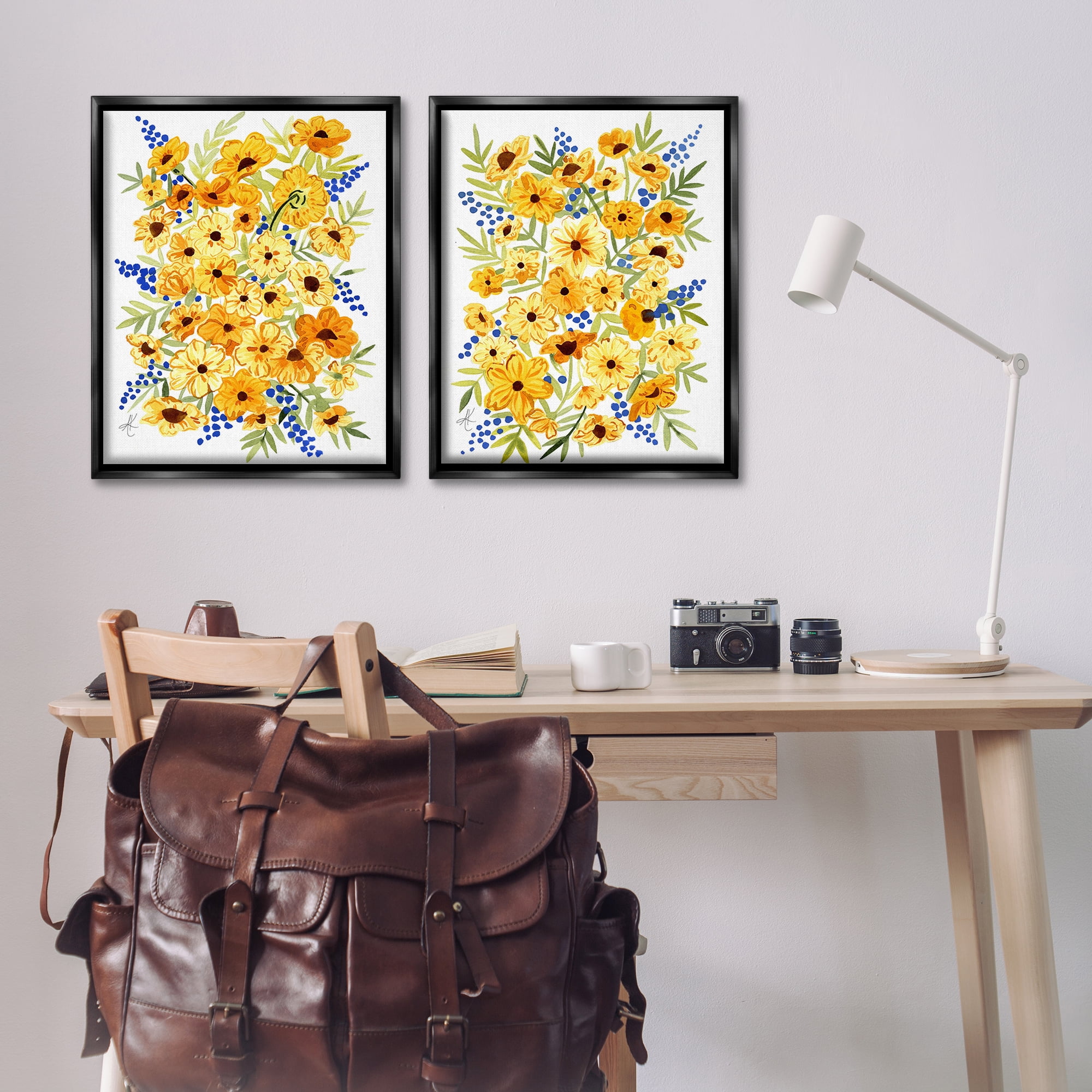 Stupell Industries Golden Cosmos with Blue Berries Plants & Flowers Painting Black Floater Framed Canvas Art Print Wall Art, 31 x 25, Set of 2