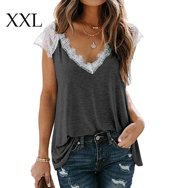 Camiseta de mujer de encaje con cuello en V, sin mangas, informal, suelta, para niña, camiseta de verano, gris oscuro, XXL Advancent AP001333-20