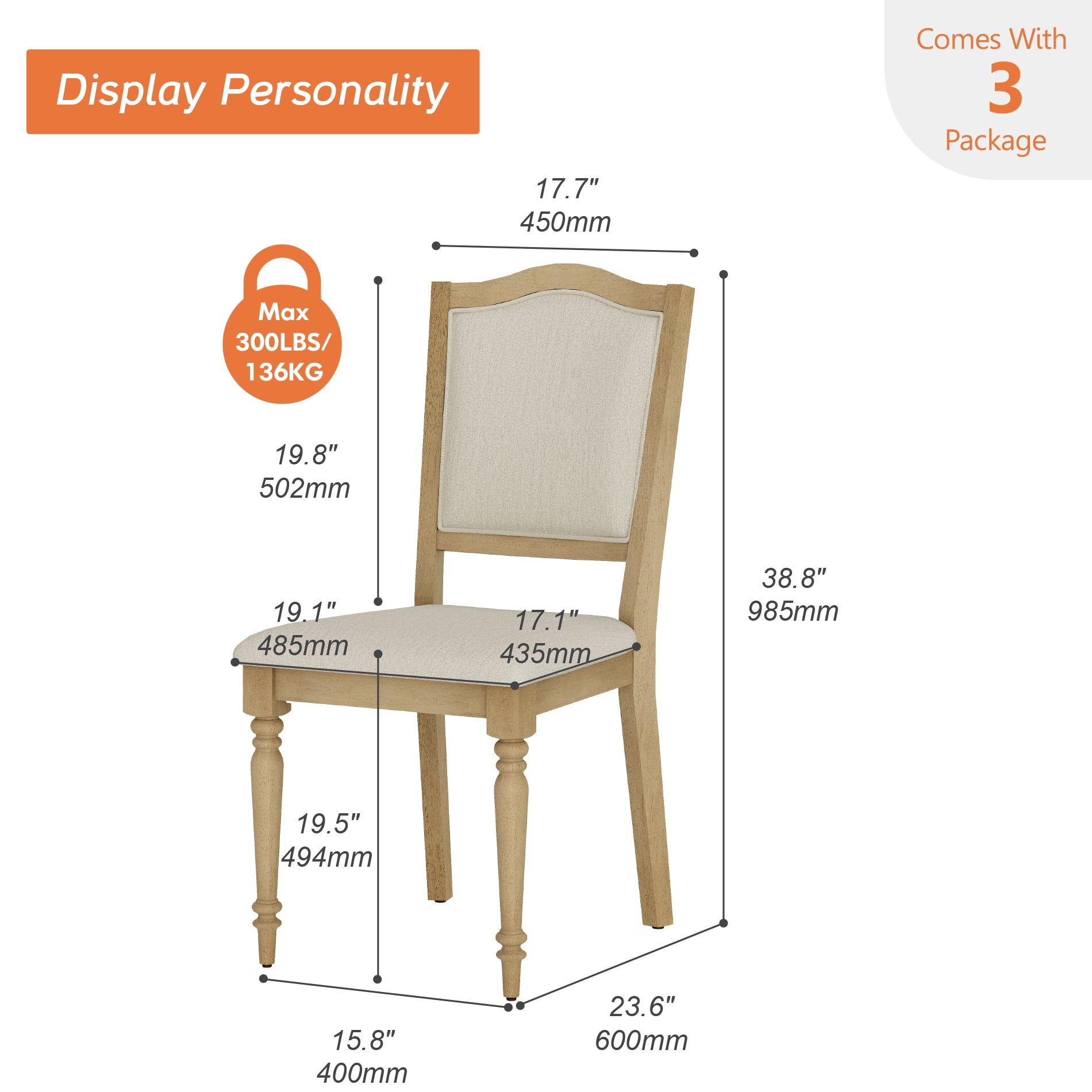 Set of 6 Dining Chairs with Upholstered Back & Seat, Farmhouse Kitchen Chair with Solid Wood Legs for Dining Room, Oak