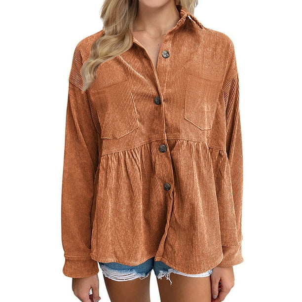 Camisa de pana de moda para mujer, camisa informal de manga larga con botones, top (caramelo)