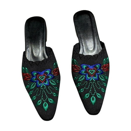 

Lovskoo 2024 Women s Mules Closed Toe Summer Slippers Sandals Embroidered Velvet Half Slippers Pointed Toe Flat Shoes Big Size Slippers Sandals Black