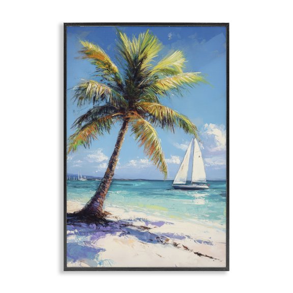 Stupell Industries Coastal Palms & Sails Beach View Black Framed Giclee Art, 12 x 18, by Petals Prints Design