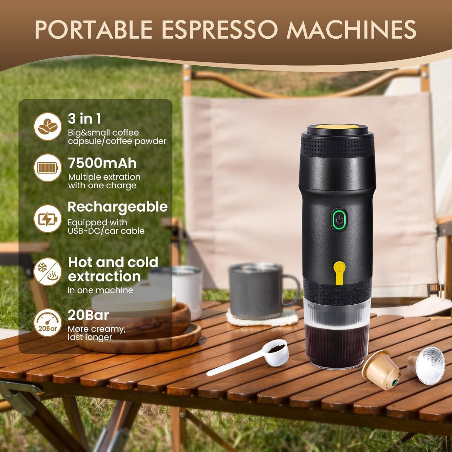 Portable Espresso Machine for Travel, capsule coffee machine with USB-C, Ideal for Camping, Car, Office & Gifts, Black