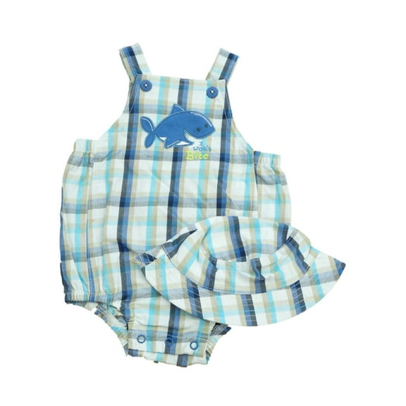 First Moments Infant Boys Blue Plaid Overall Shorts Matching Plaid Bucket Hat 3m