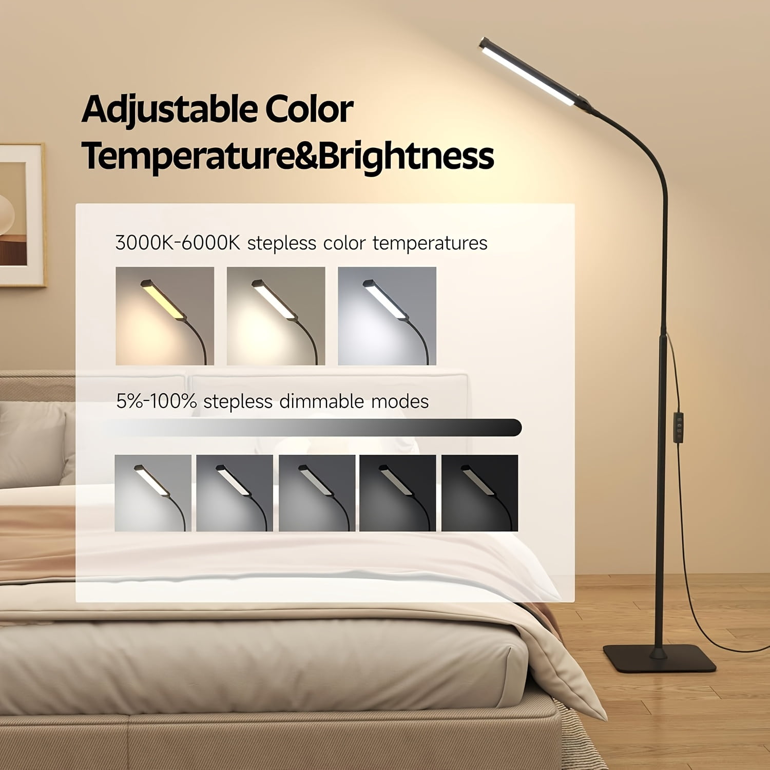 Floor Lamp, LED Floor Lamps for Living Room, Stepless Adjust Color Temperatures & Brightness Standing Lamp with Touch Control Tall Lamps Adjustable Gooseneck Reading Floor Lamp (Black)