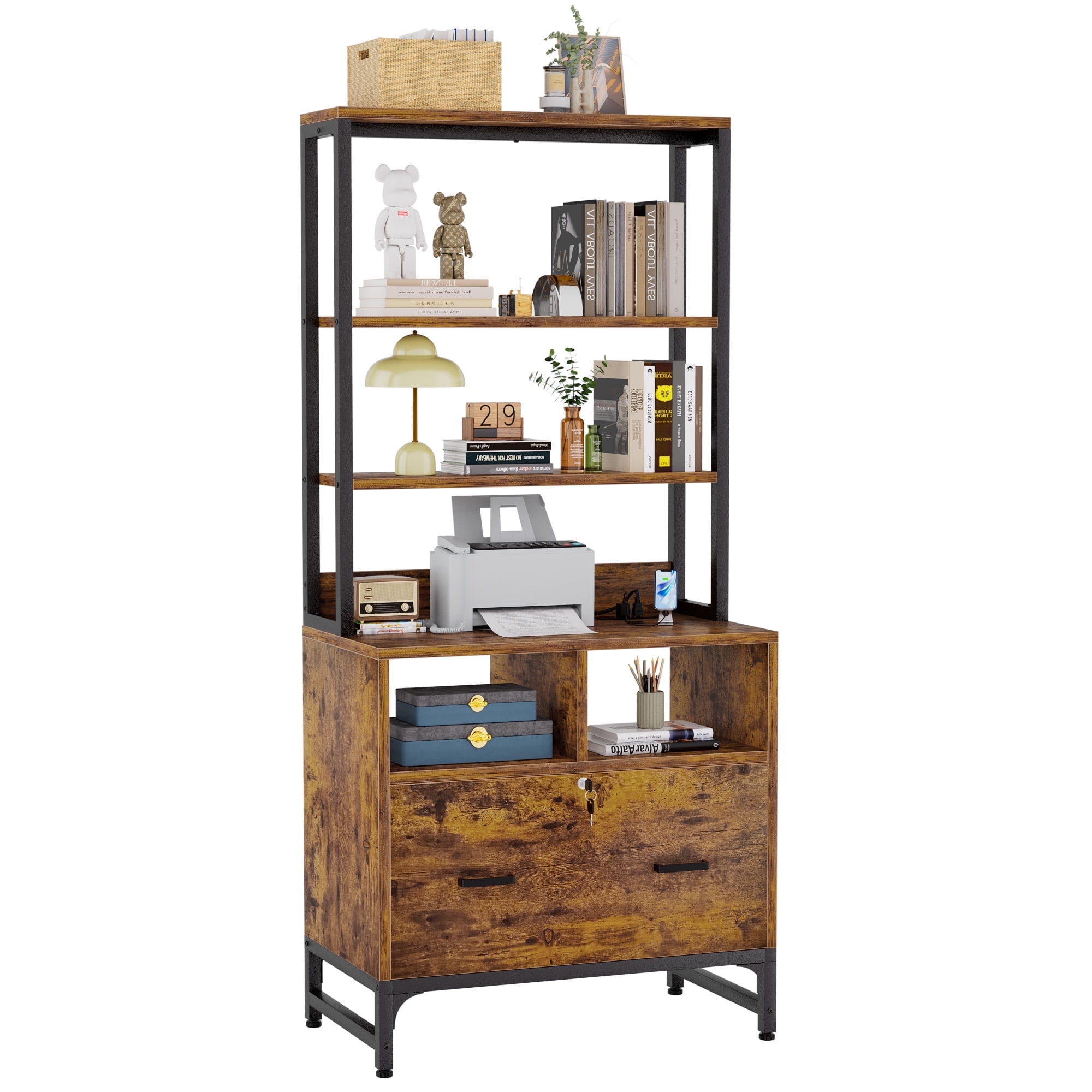 Homieasy Vertical File Cabinet with Charging Station, Lock & Large Drawer - Fits Letter/A4/Legal Files, Printer Stand & Shelves for Home Office,Rustic Brown