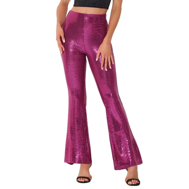 Pantalones de campana brillantes con lentejuelas y brillo para mujer INSPIRE CHIC, talla XL, color rosa intenso