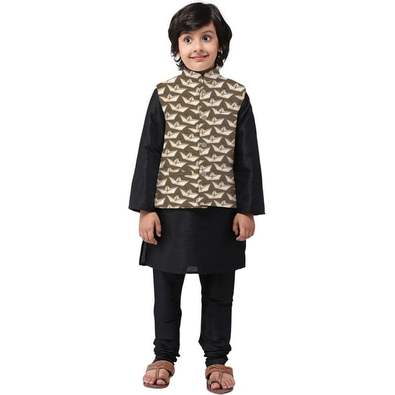 eloria Boys Dupion Silk Paper Boat Printed Nehru Jacket Kid's Party Festival Regular Wear Gift Olive