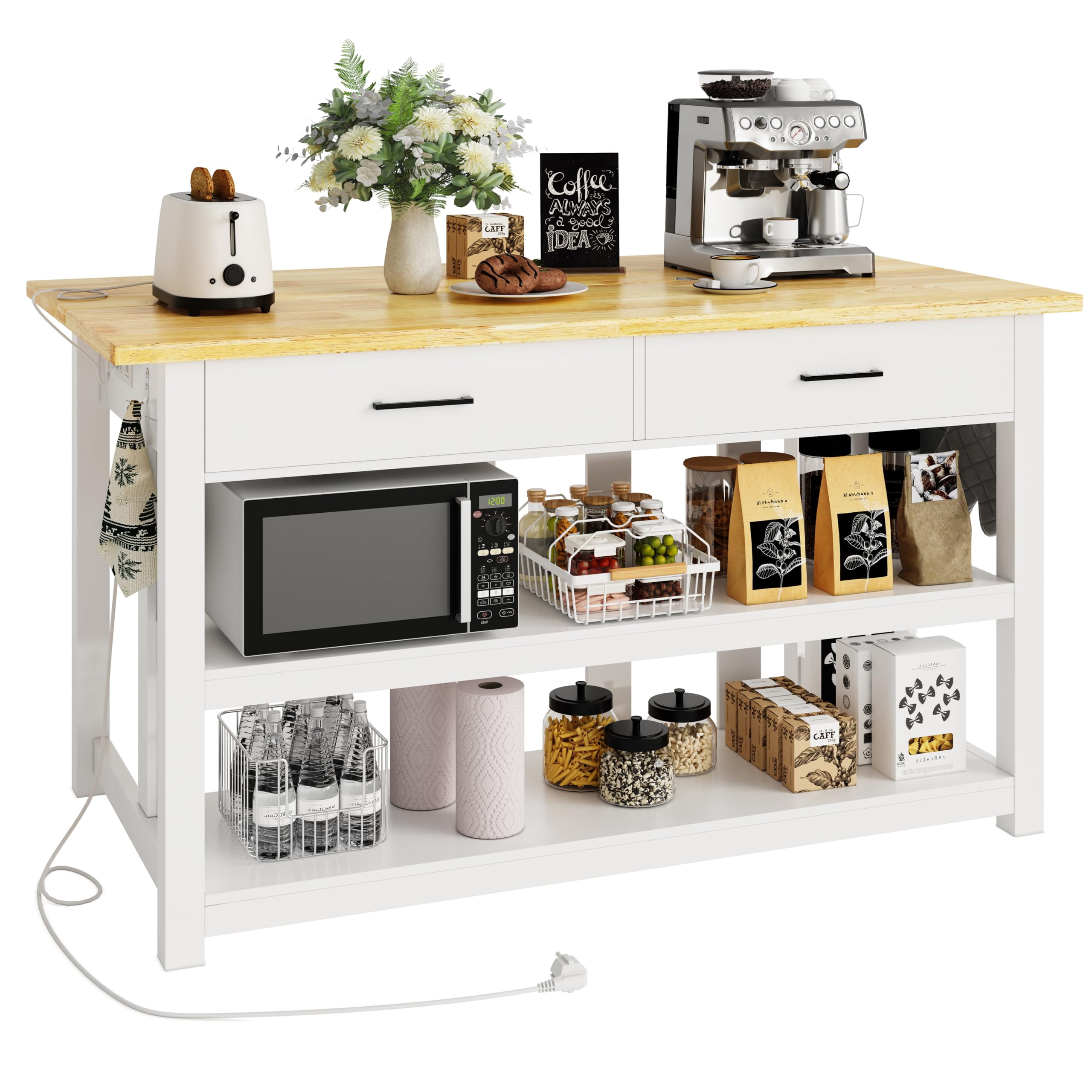 ChicZhiNest Kitchen Island with Storage, 47.3" Solid Rubberwood Top Kitchen Island with Power Outlet and 6 Hooks, White